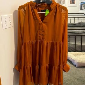 Rust Long Sleeve Chiffon Dress